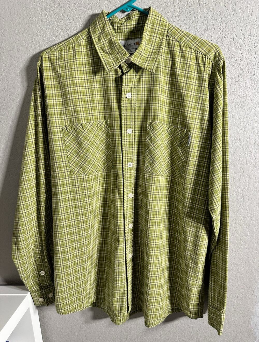 Carhartt Men's‎ L Green Plaid Long Sleeve Cotton Woven Button-Up w/ Pockets
